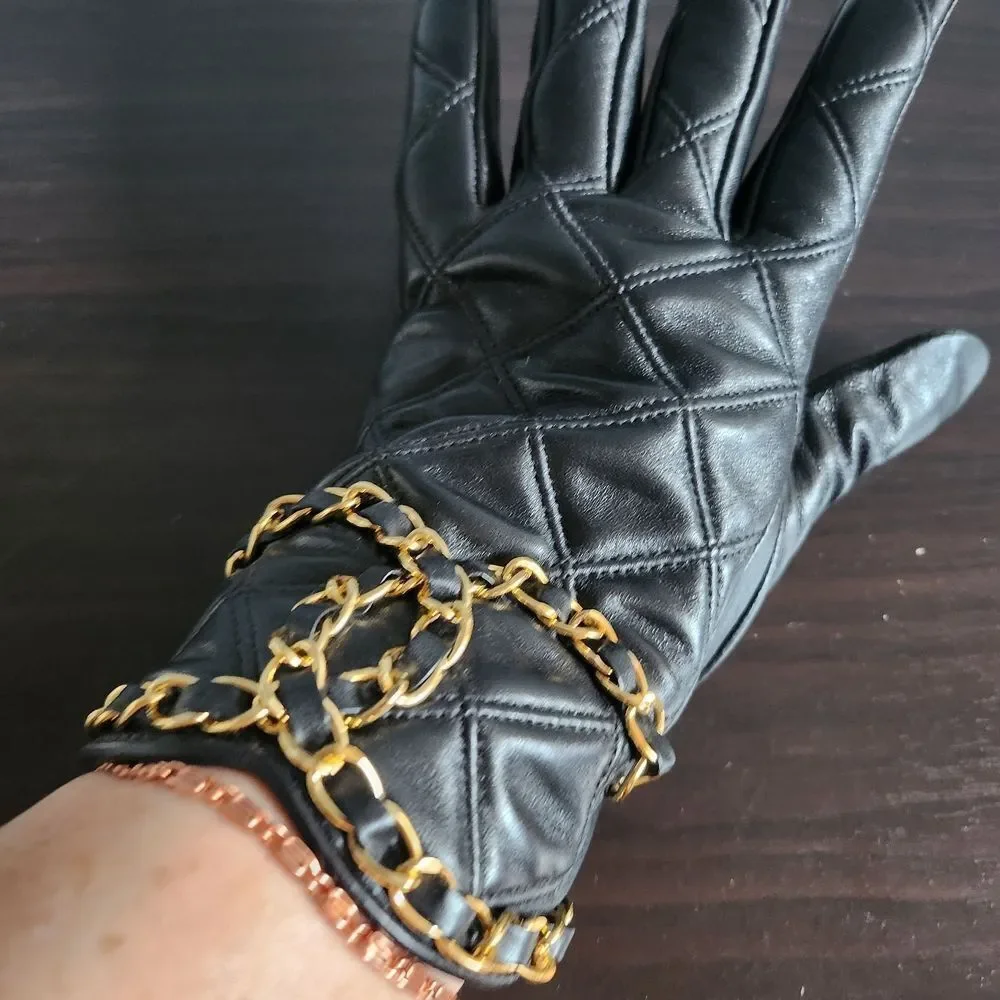 Black Quilted Gloves with Gold Chain Detail